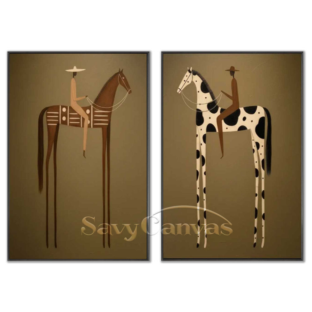 Hand-crafted vintage modernism style equestrian and long-legged figure oil painting diptych on canvas by Savy Canvas, featuring abstract horses and riders in earthy beige and brown tones with black frames. Sophisticated wall decor, ready to hang.