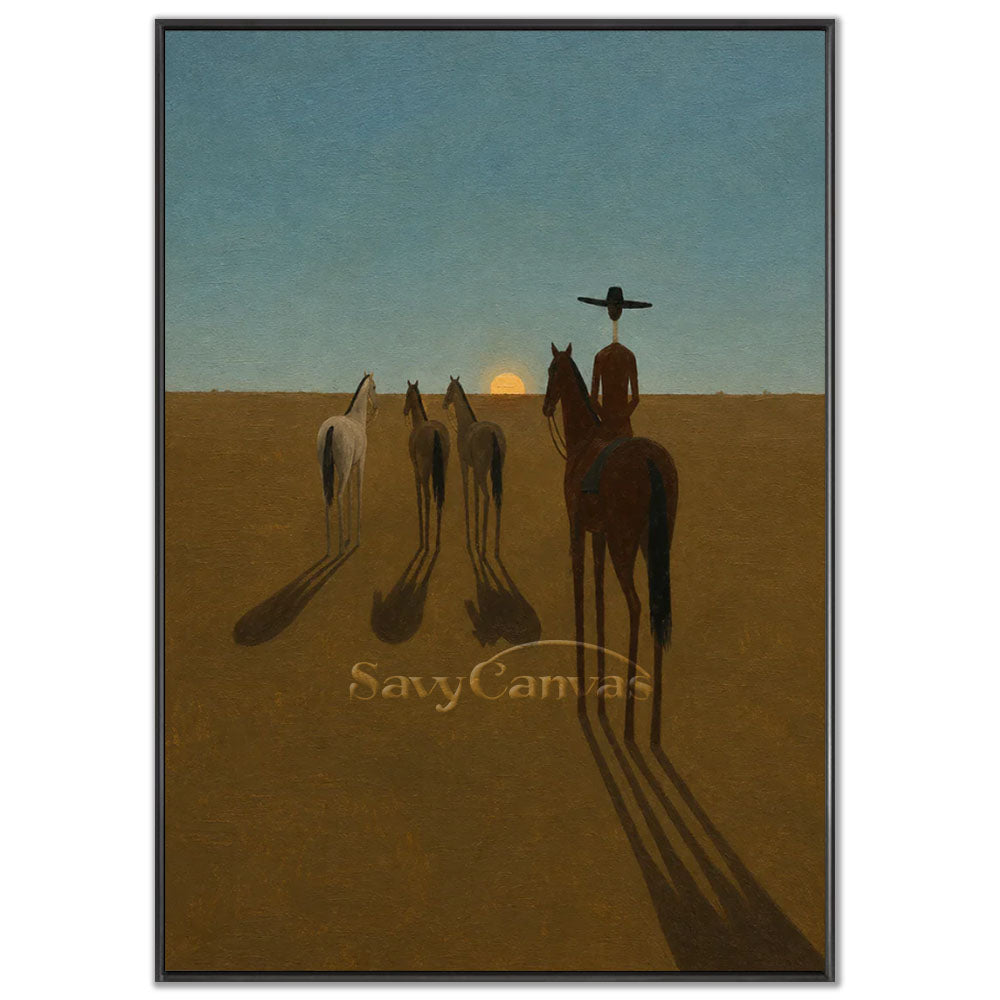 A 100% handmade modernist oil painting with a detailed brushstroke texture, featuring a back view portrait of a slender cowboy in a black hat riding a brown horse, herding three horses toward a yellow sun on the desert horizon under a calm blue sky.