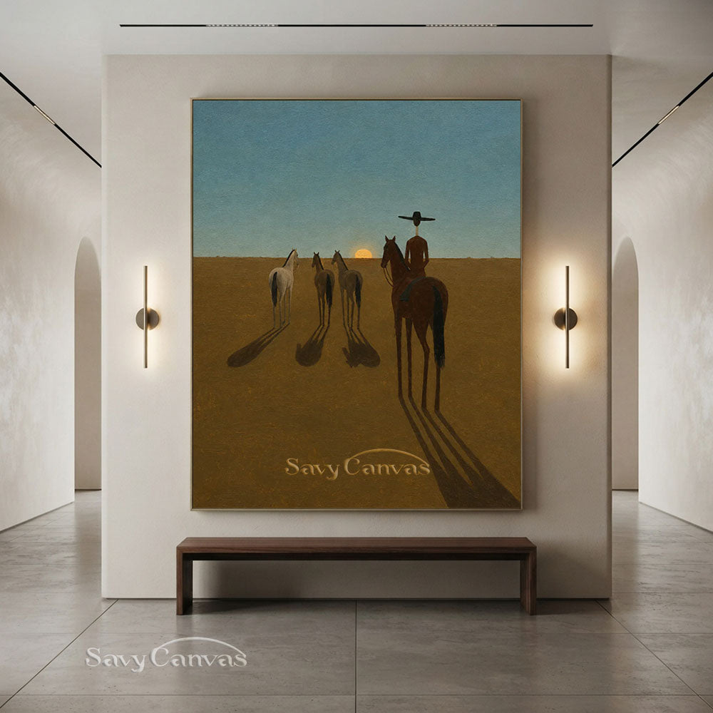 Modernist Western Cowboy Sunset Horse Oil Painting #SS 228