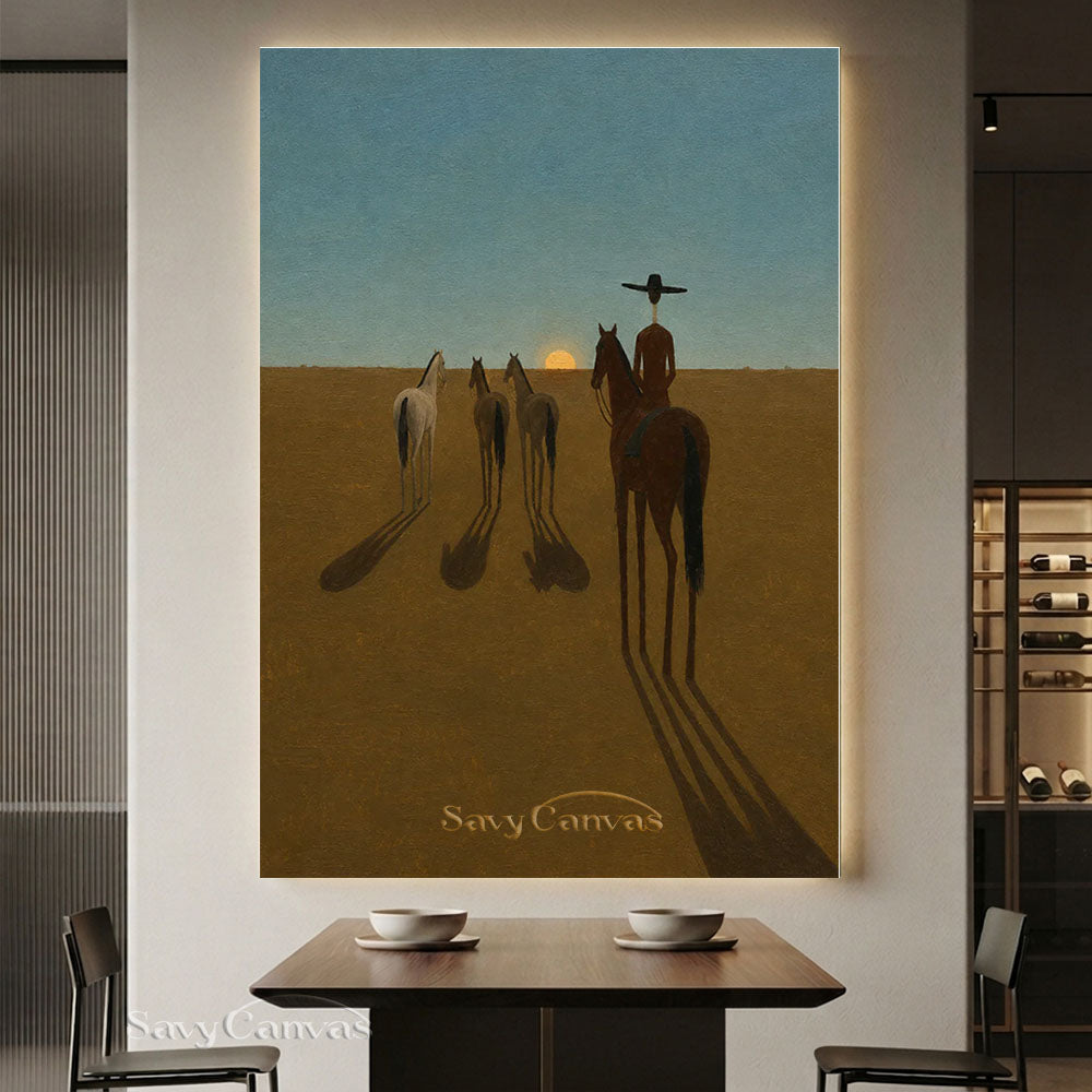 Modernist Western Cowboy Sunset Horse Oil Painting #SS 228