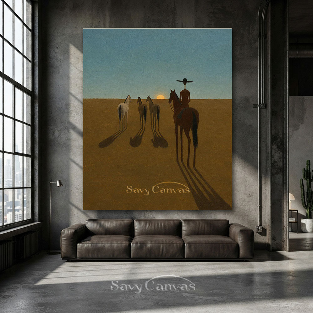 Modernist Western Cowboy Sunset Horse Oil Painting #SS 228