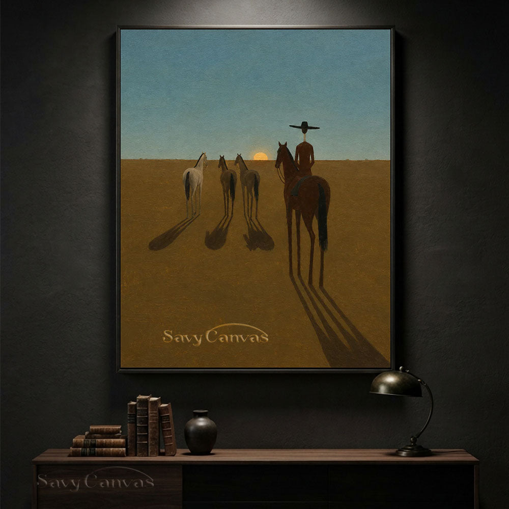 Modernist Western Cowboy Sunset Horse Oil Painting #SS 228