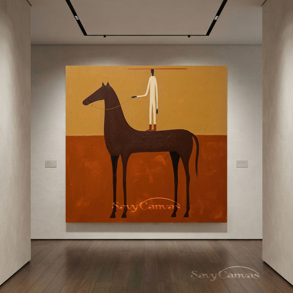 Handmade Vintage Folk Art Horse Rider Oil Painting #ZC 009