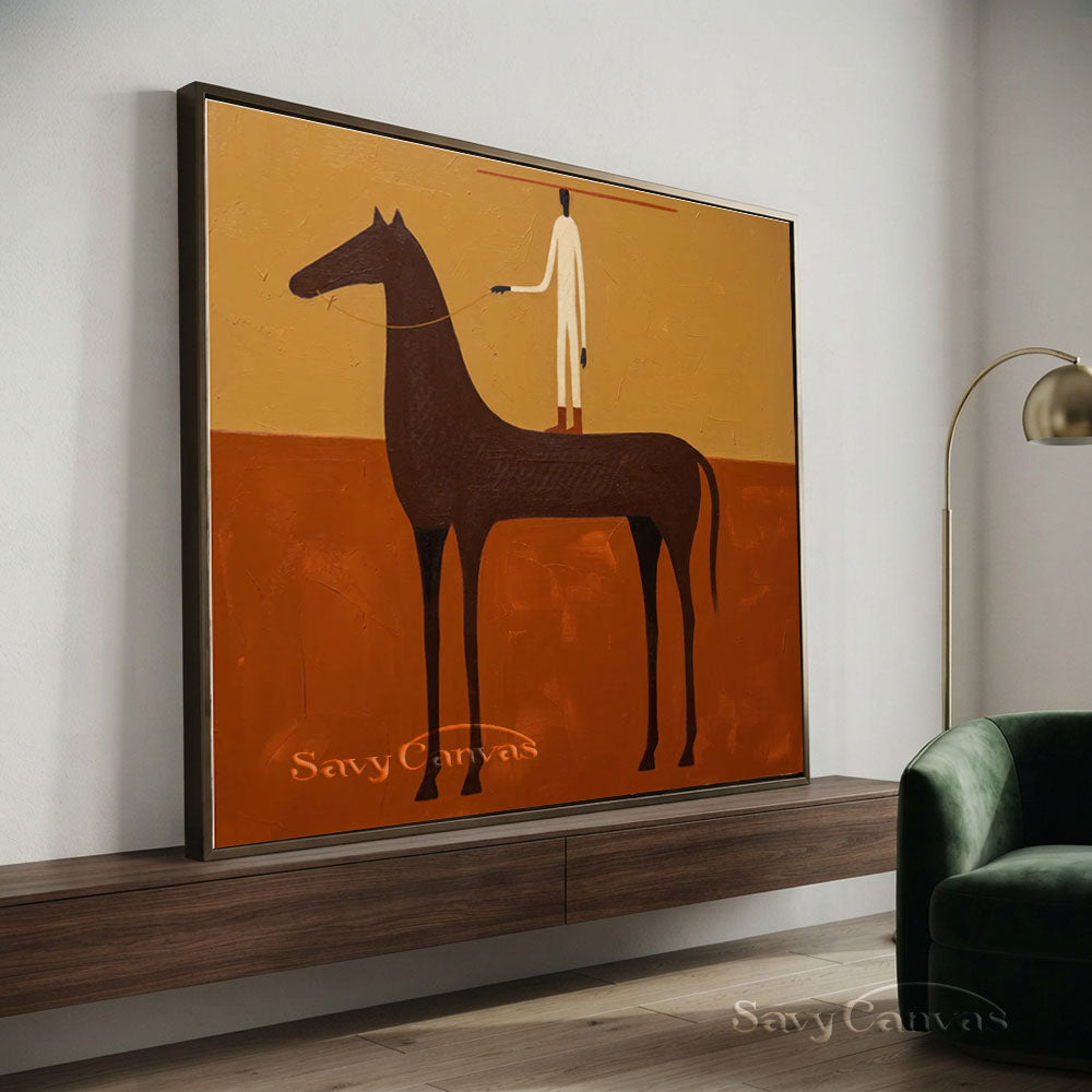 Handmade Vintage Folk Art Horse Rider Oil Painting #ZC 009