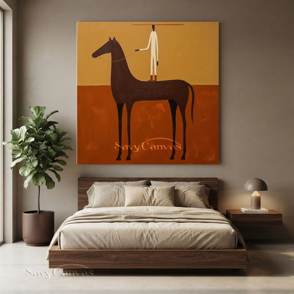 Handmade Vintage Folk Art Horse Rider Oil Painting #ZC 009