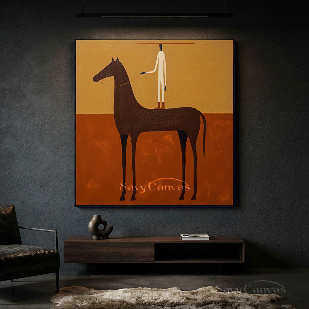 Handmade Vintage Folk Art Horse Rider Oil Painting #ZC 009