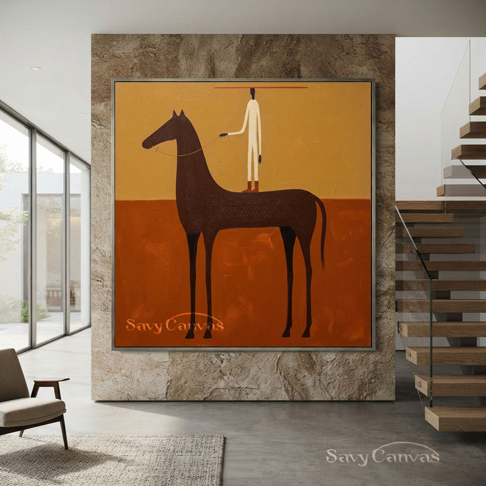 Handmade Vintage Folk Art Horse Rider Oil Painting #ZC 009