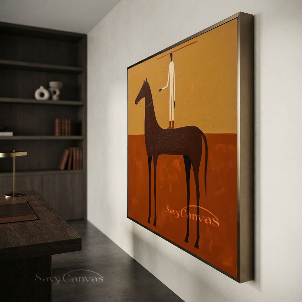 Handmade Vintage Folk Art Horse Rider Oil Painting #ZC 009
