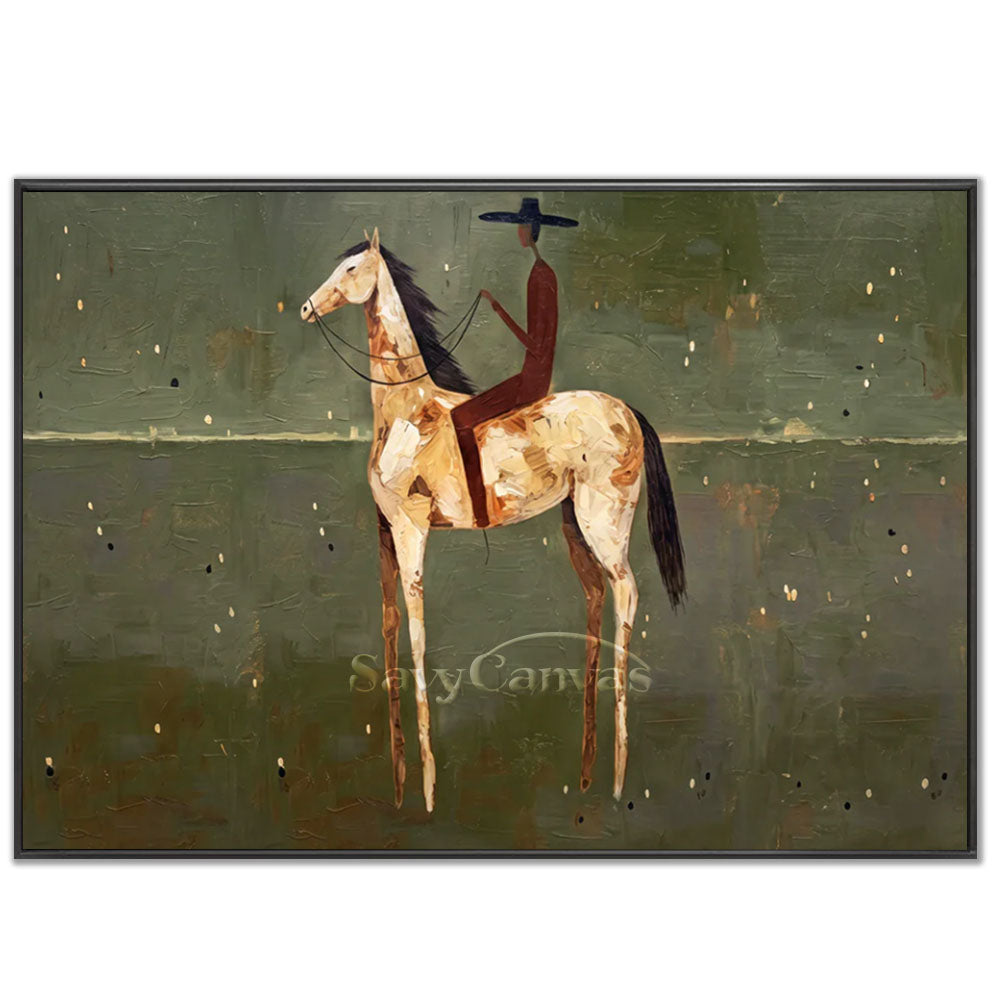 Premium handmade minimalist oil painting depicting a dark cowboy silhouette riding a tall beige horse against a textured olive green background with subtle golden specks.