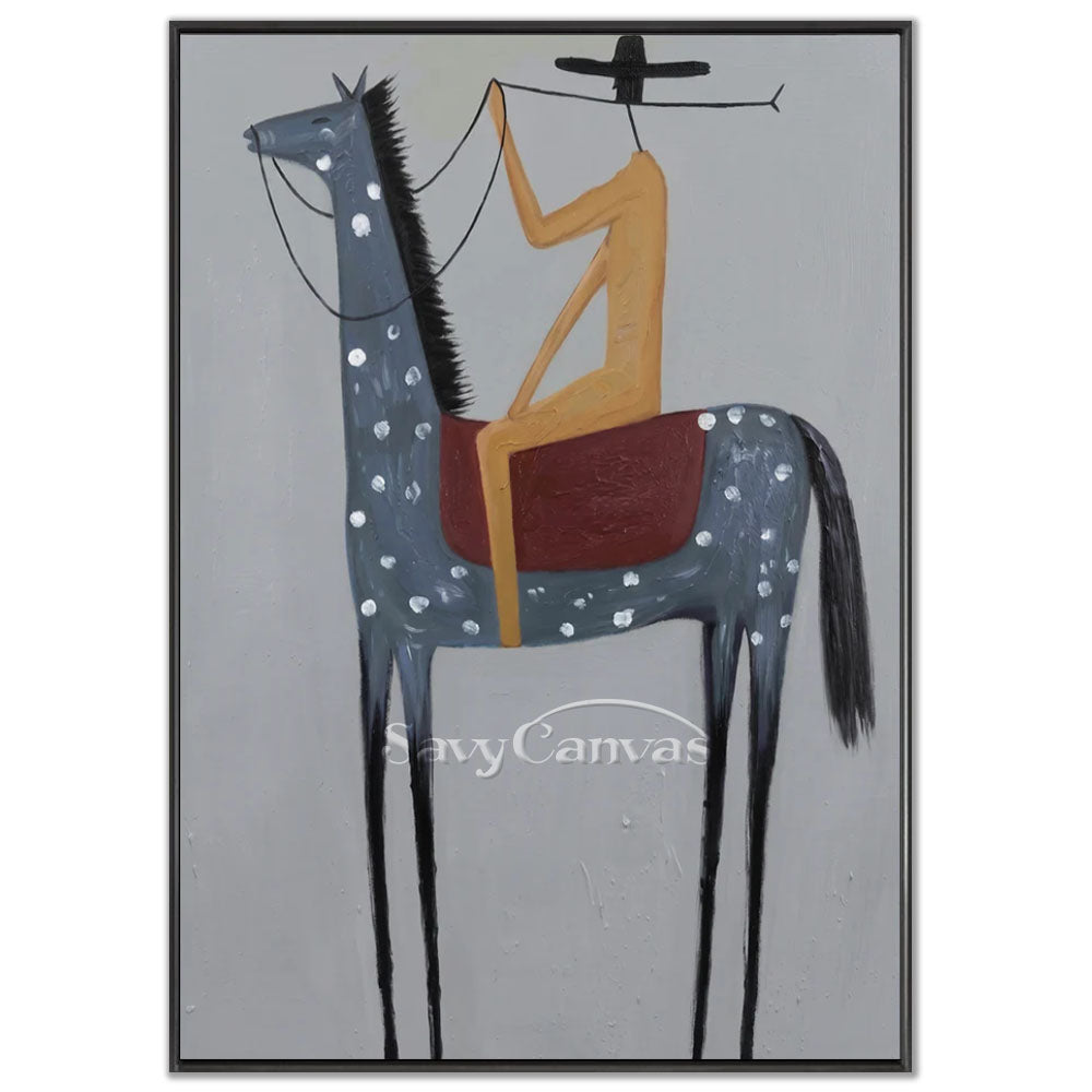 A 100% handmade minimalist oil painting with a textured neutral grey background, depicting a stylized portrait of a slender ocher-yellow cowboy in a black hat riding an elongated, blue-grey horse decorated with white spots and a dark burgundy saddle.