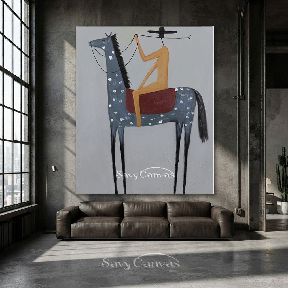 Minimalist Western Cowboy Grey Horse Oil Painting #SS 229