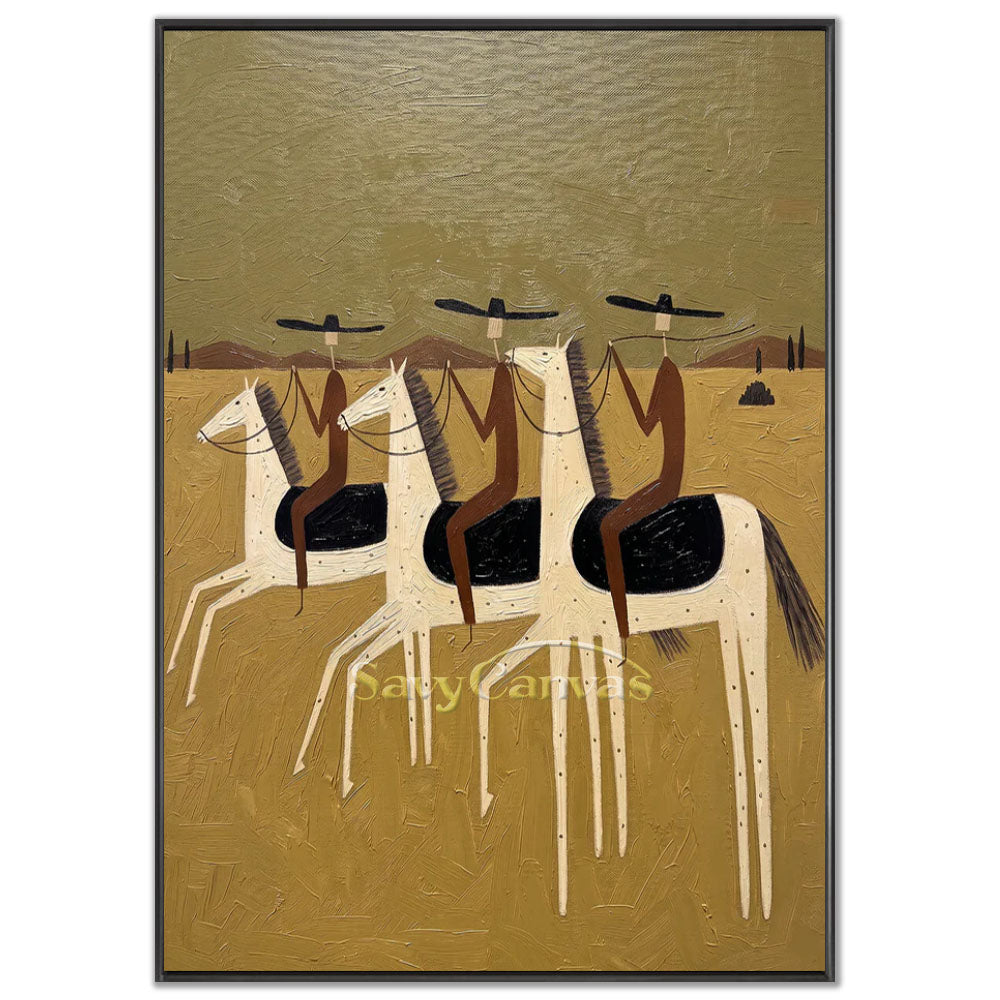 A 100% handmade modernist oil painting with a heavy textured canvas background, featuring a stylized geometric portrait of three slender riders in black hats riding elongated white horses with black saddles and subtle dotted patterns, moving across a mustard yellow field under an olive green sky.