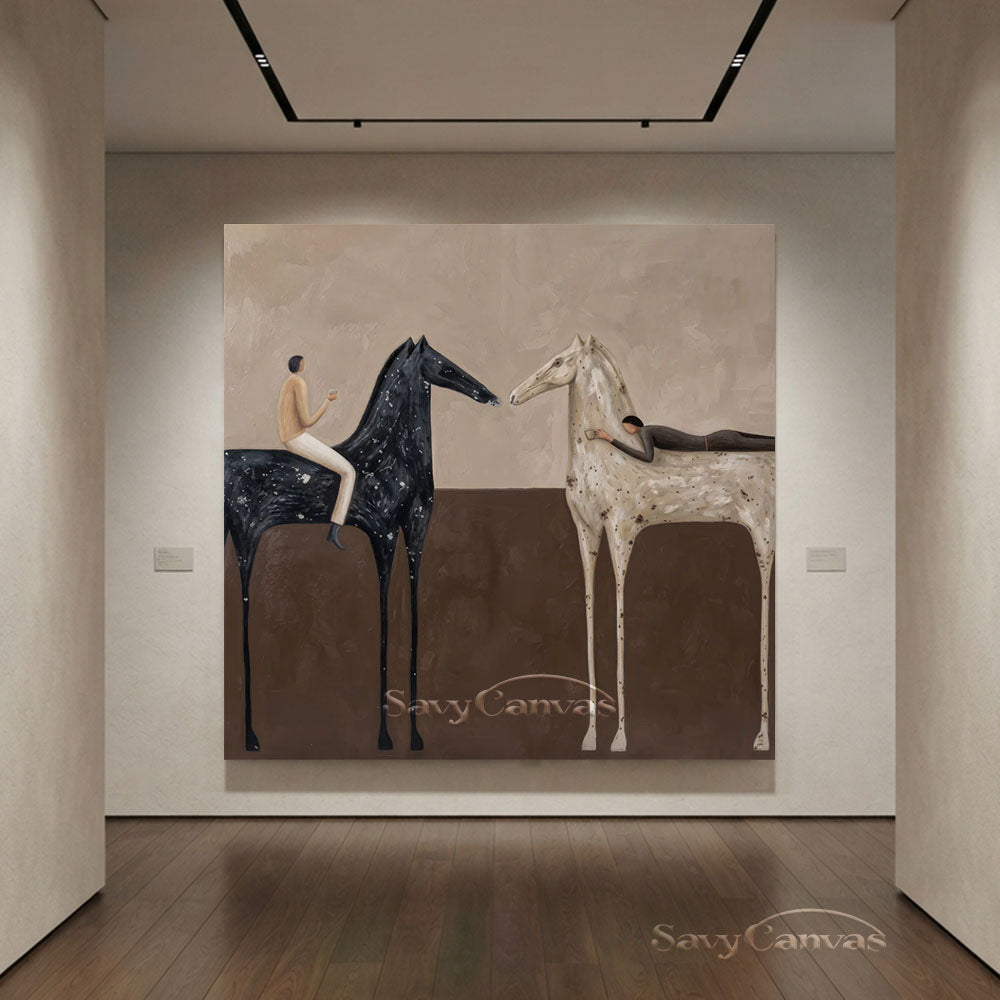 Handmade Abstract Folk Art Two Horses Beige Oil Painting #ZC 010