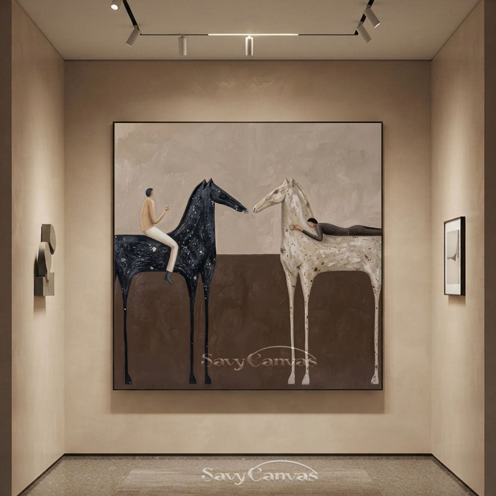 Handmade Abstract Folk Art Two Horses Beige Oil Painting #ZC 010