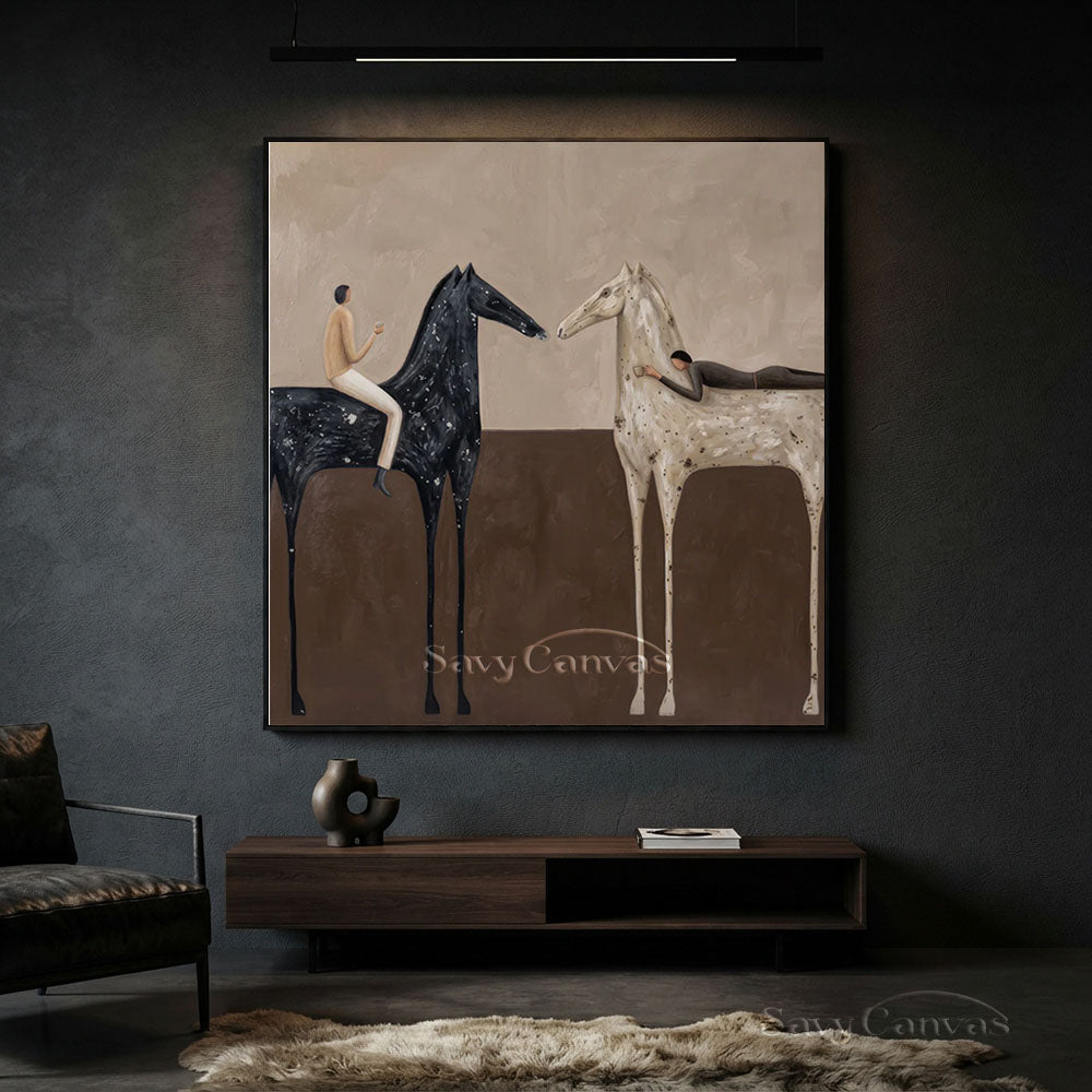 Handmade Abstract Folk Art Two Horses Beige Oil Painting #ZC 010