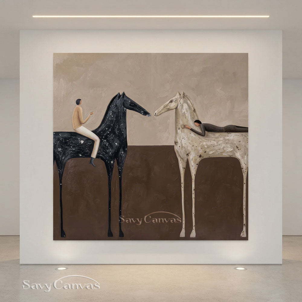 Handmade Abstract Folk Art Two Horses Beige Oil Painting #ZC 010