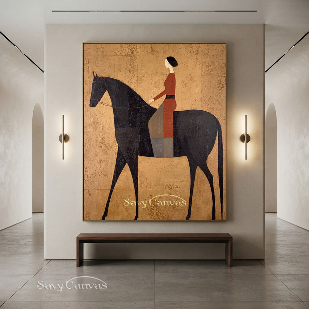 Modernist Woman Rider on Black Horse Oil Painting #SS 233