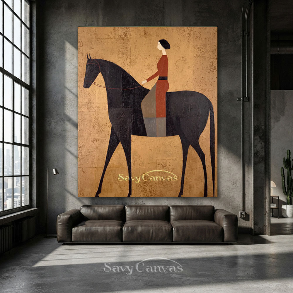 Modernist Woman Rider on Black Horse Oil Painting #SS 233