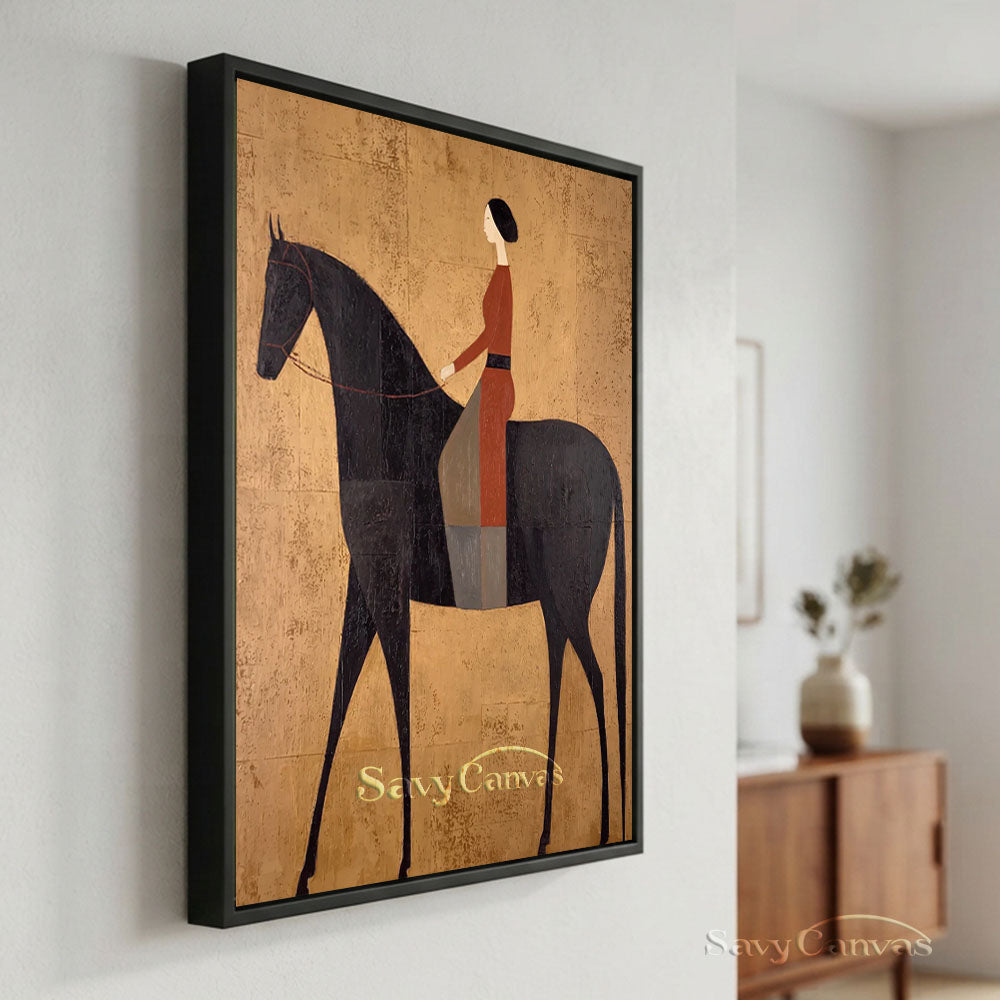 Modernist Woman Rider on Black Horse Oil Painting #SS 233
