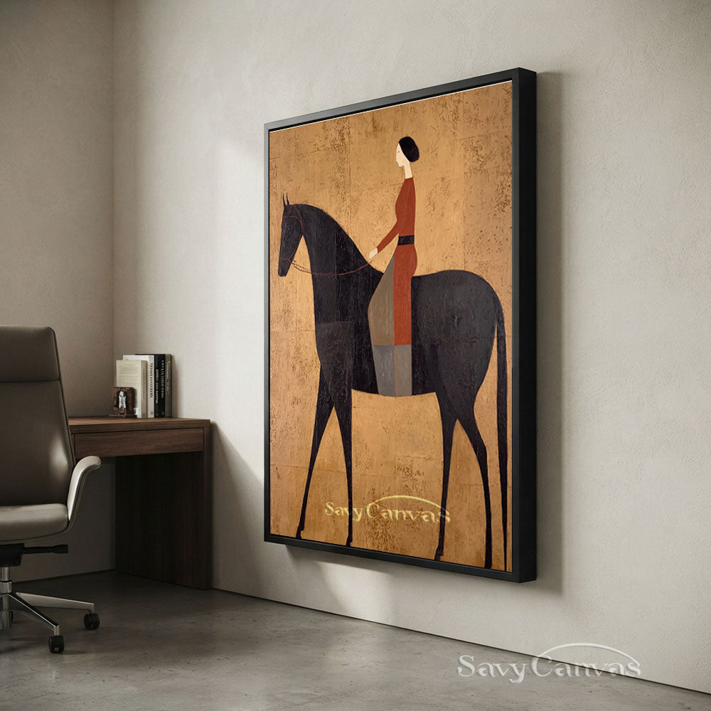 Modernist Woman Rider on Black Horse Oil Painting #SS 233