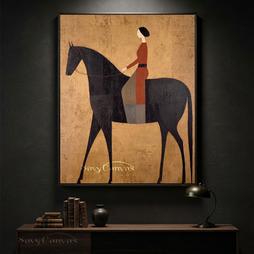 Modernist Woman Rider on Black Horse Oil Painting #SS 233