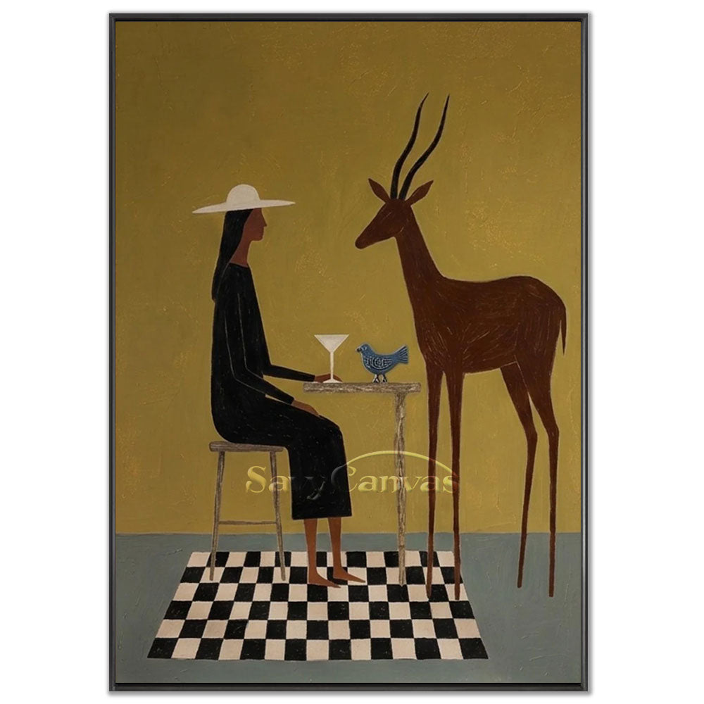 A 100% handmade modernist oil painting with a heavy textured mustard green background, depicting a stylized geometric abstract portrait of a woman in a black dress and white hat sitting at a table with a martini glass and a small blue bird, facing a tall brown deer on a black and white checkered rug.