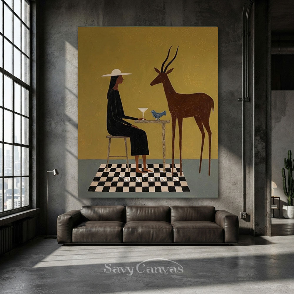 Handmade Modernist Woman and Deer Figurative Abstract Oil Painting #SS 239