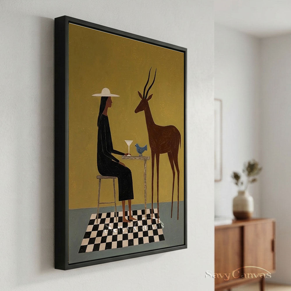 Handmade Modernist Woman and Deer Figurative Abstract Oil Painting #SS 239