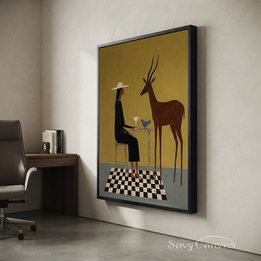 Handmade Modernist Woman and Deer Figurative Abstract Oil Painting #SS 239
