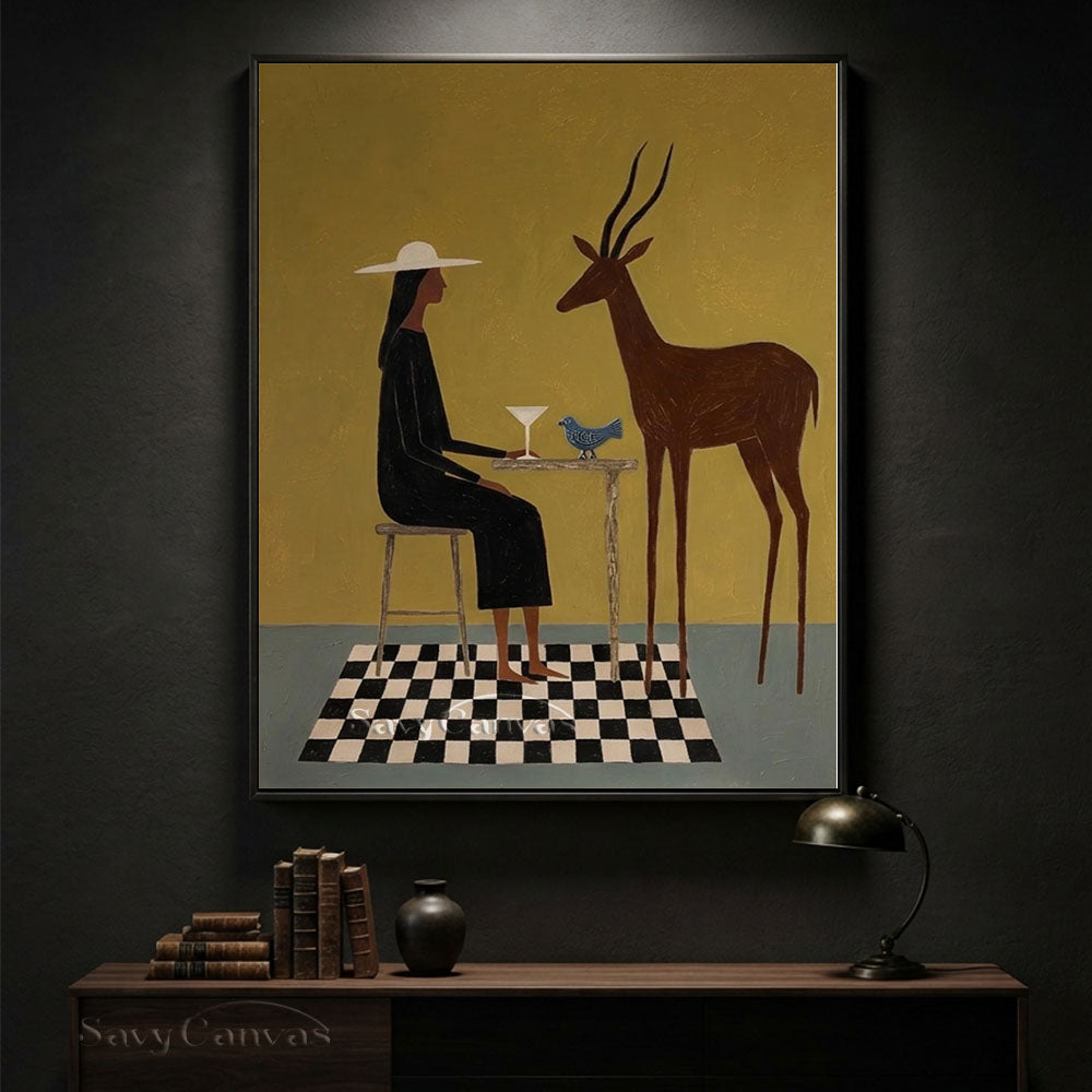 Handmade Modernist Woman and Deer Figurative Abstract Oil Painting #SS 239