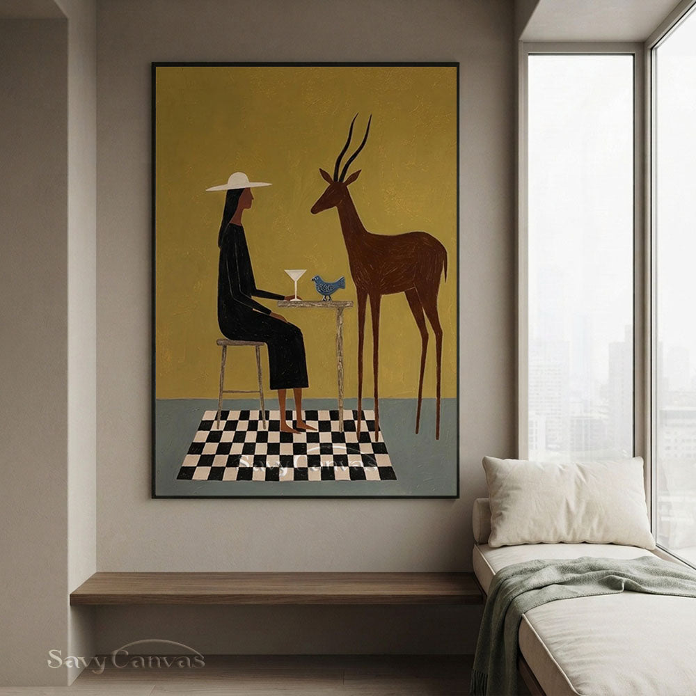 Handmade Modernist Woman and Deer Figurative Abstract Oil Painting #SS 239