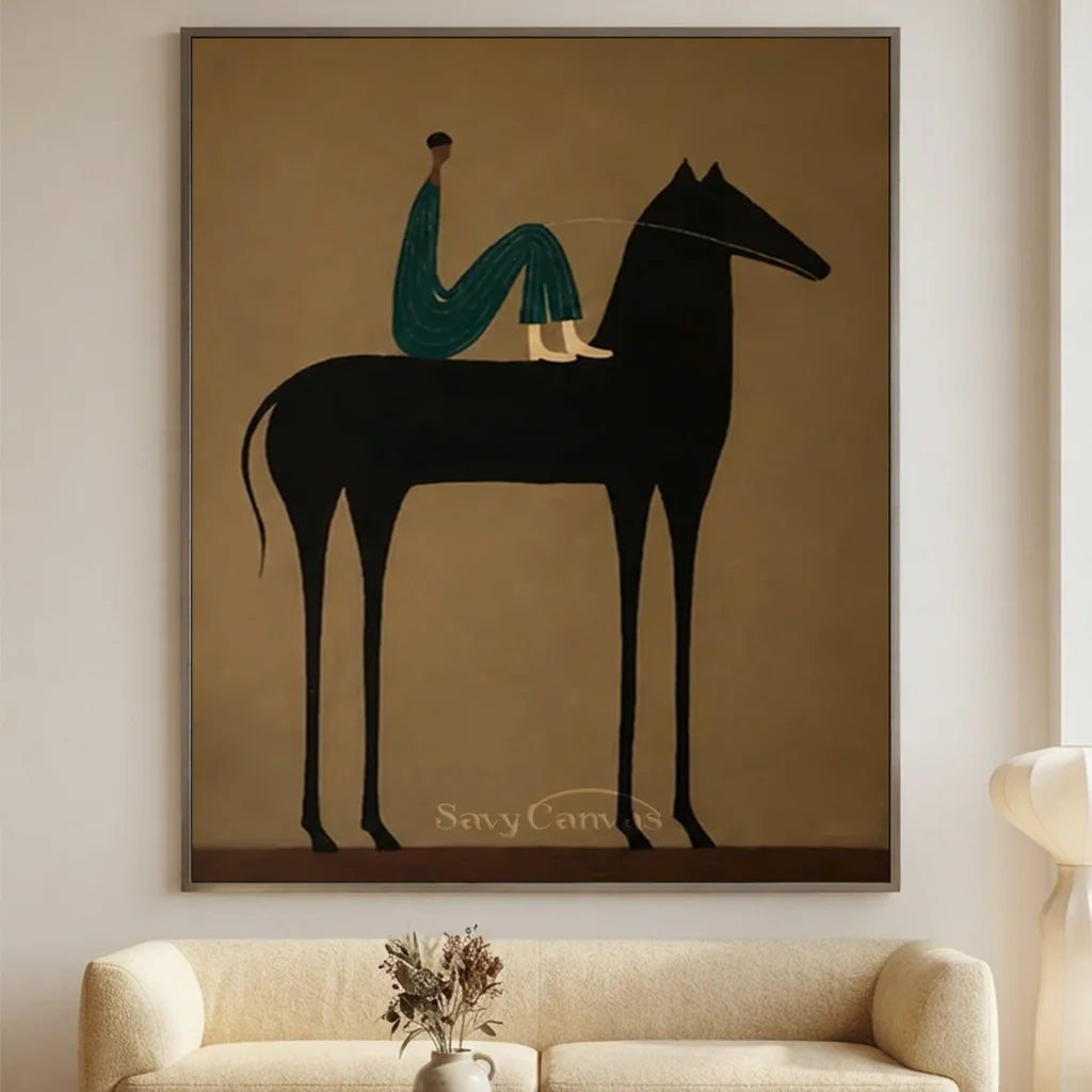 Handcrafted expressionist oil painting featuring a stylized rider on a black horse in earthy tones, displayed above a dining table for elegant restaurant wall decor.