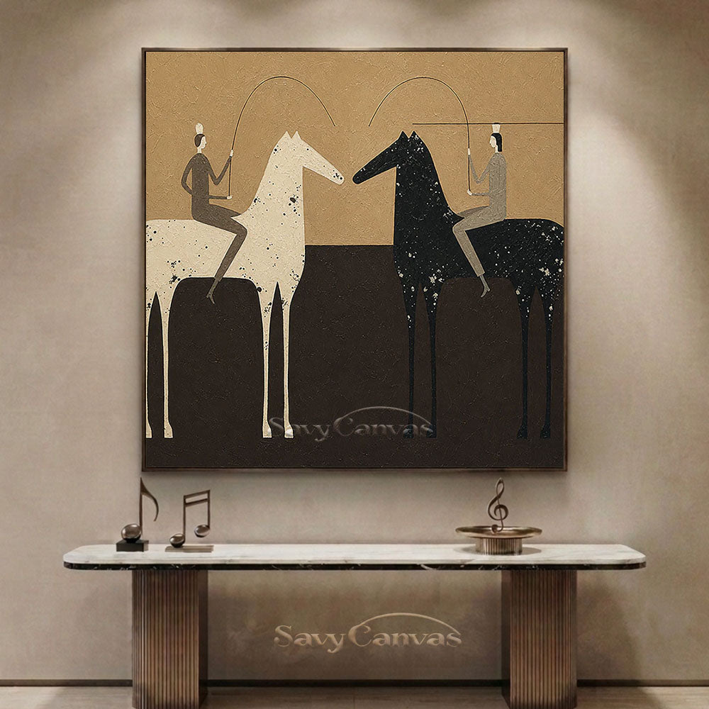 Handmade Abstract Folk Art Two Horses Beige Oil Painting #ZC 013