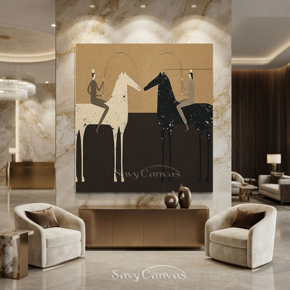 Handmade Abstract Folk Art Two Horses Beige Oil Painting #ZC 013