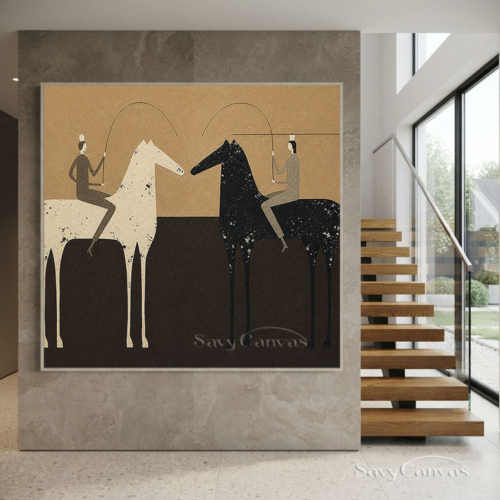 Handmade Abstract Folk Art Two Horses Beige Oil Painting #ZC 013