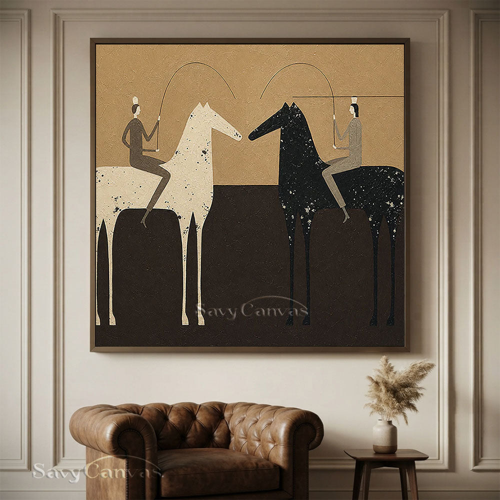 Handmade Abstract Folk Art Two Horses Beige Oil Painting #ZC 013