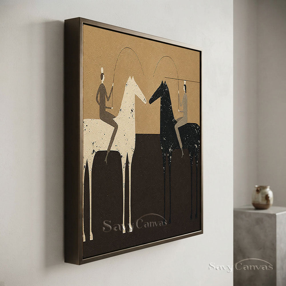 Handmade Abstract Folk Art Two Horses Beige Oil Painting #ZC 013
