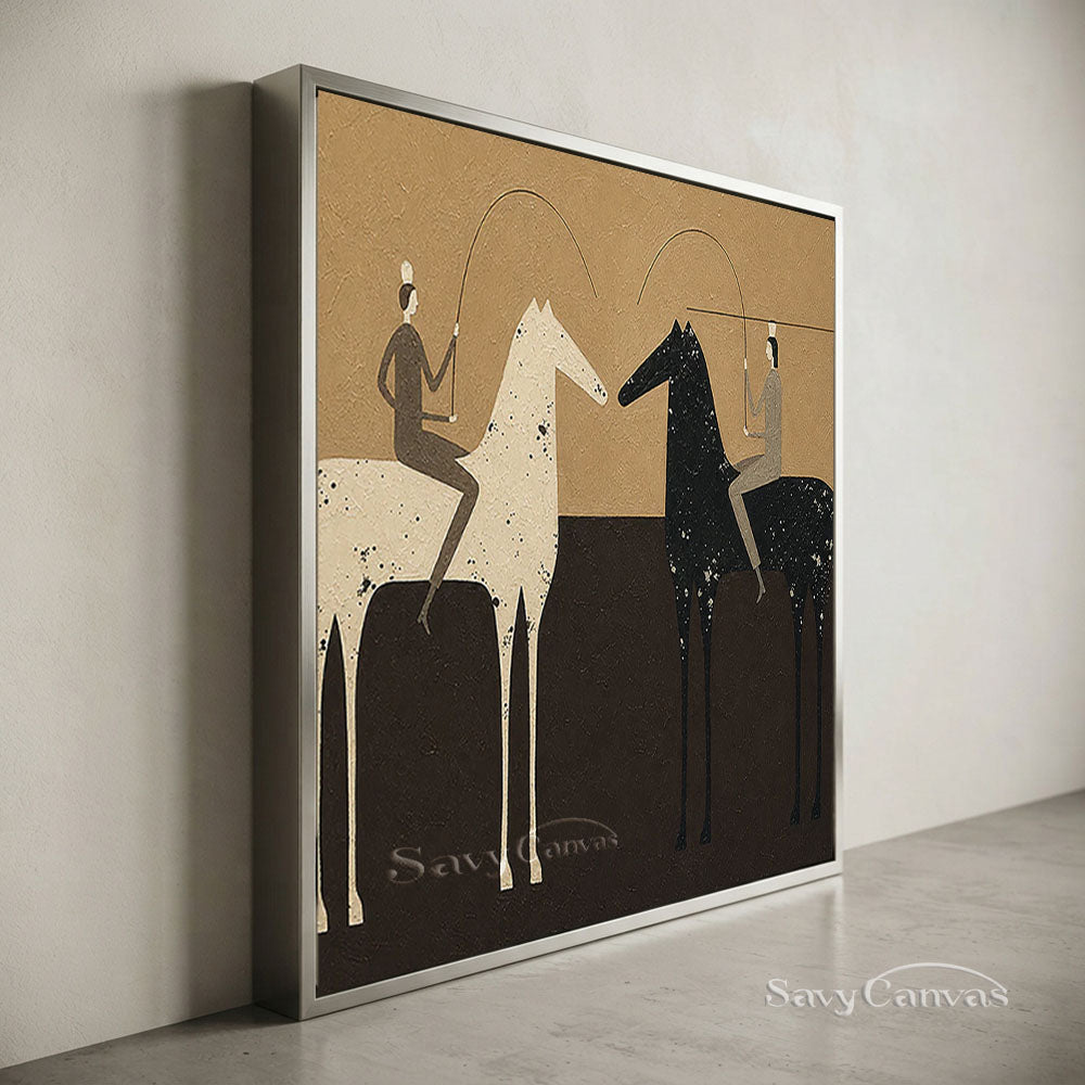 Handmade Abstract Folk Art Two Horses Beige Oil Painting #ZC 013