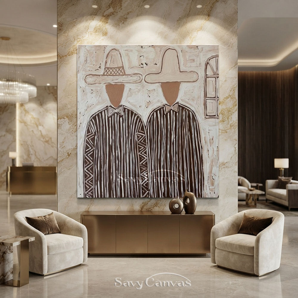 Handmade Modern Abstract Two Cowboys Brown Oil Painting #ZC 014