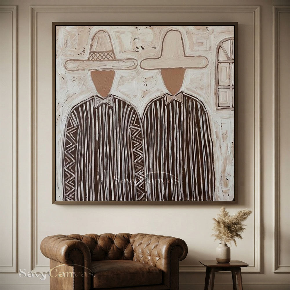 Handmade Modern Abstract Two Cowboys Brown Oil Painting #ZC 014