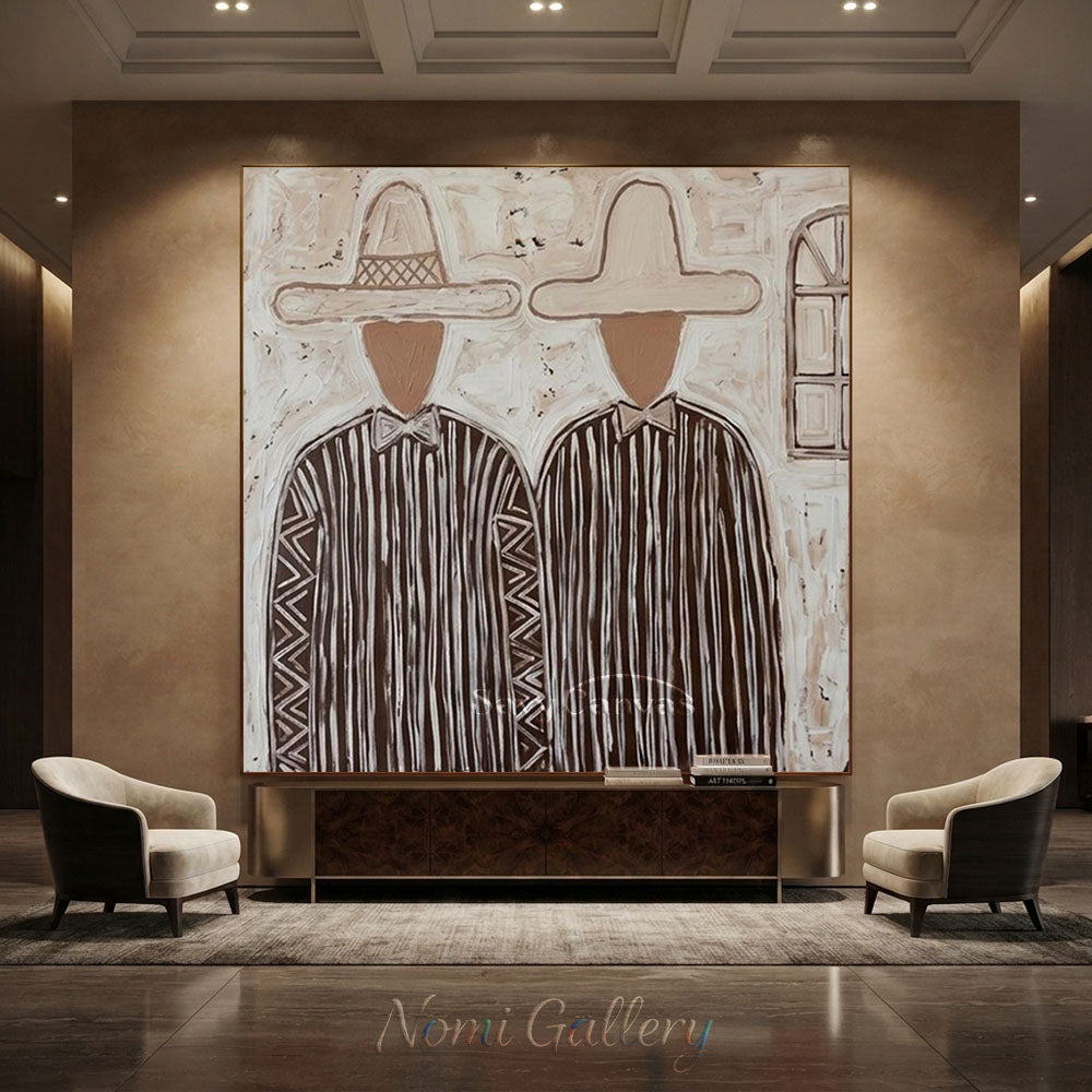 Handmade Modern Abstract Two Cowboys Brown Oil Painting #ZC 014