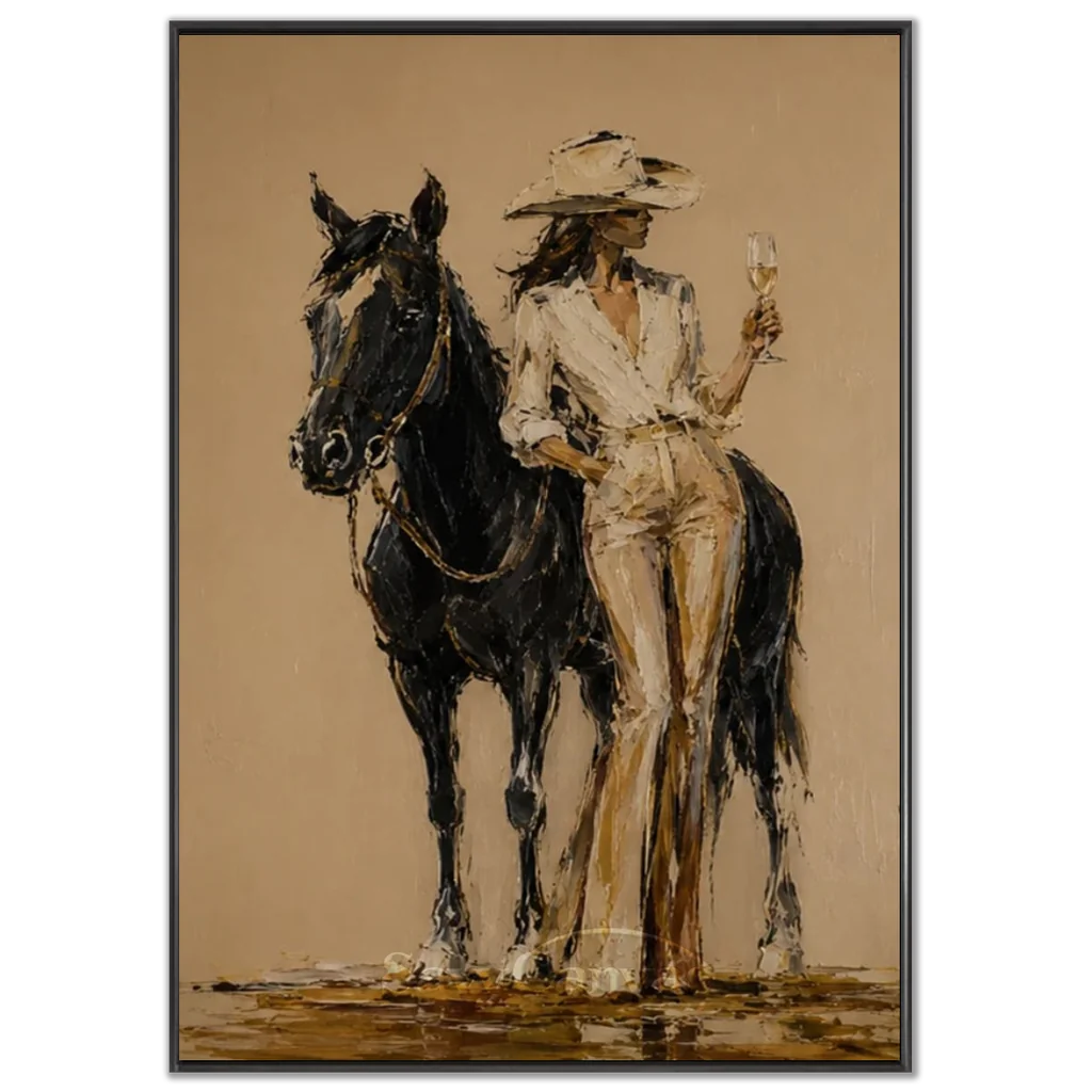 Vintage_Americana_Art_Wine_&_Horse_Cowgirl-black-frame-02.webp