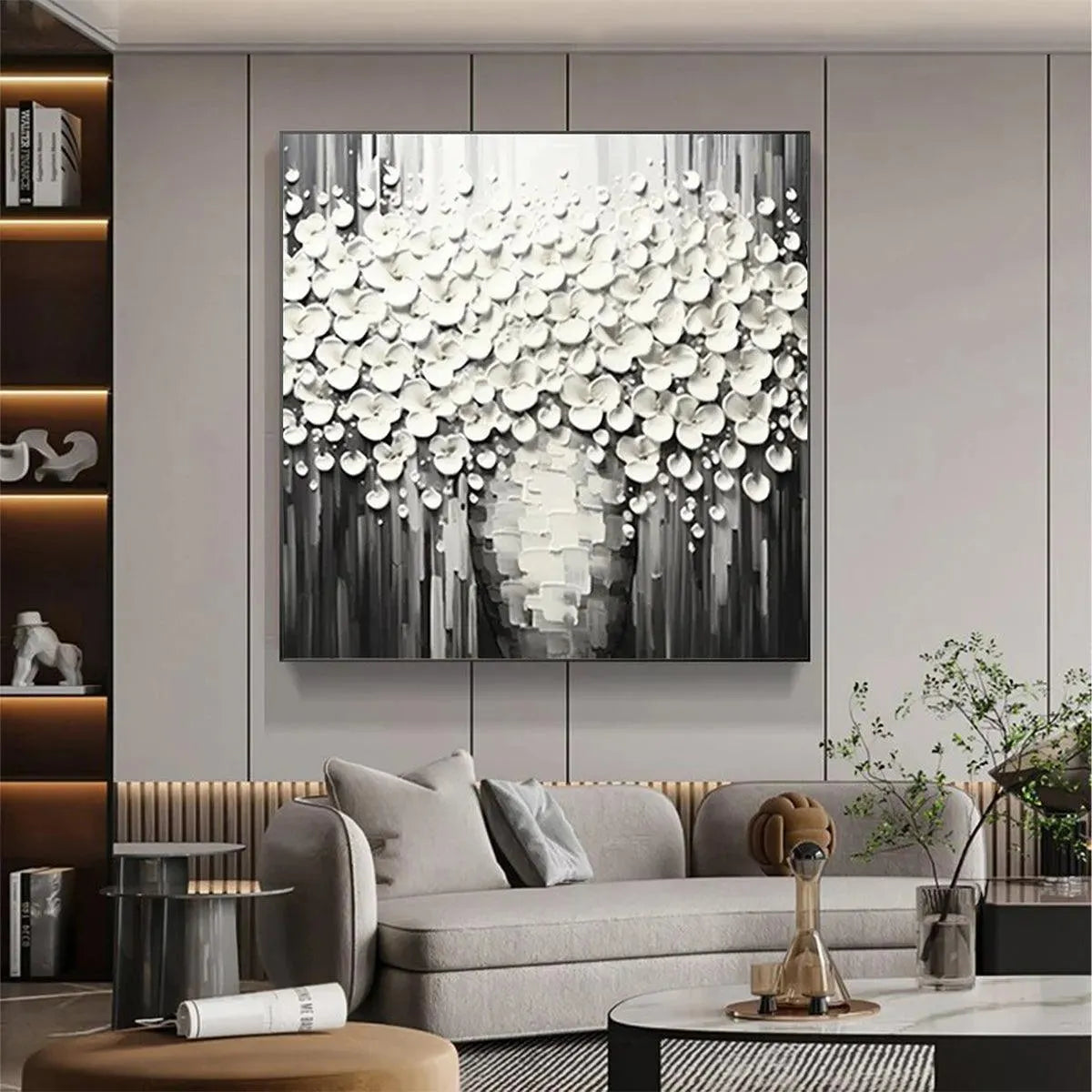 Abstract Flower Cascade Painting | 3D Textured B&W Art #AA 178