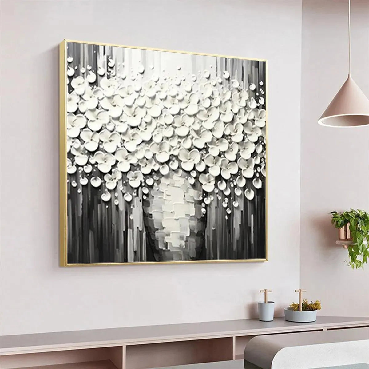 Abstract Flower Cascade Painting | 3D Textured B&W Art #AA 178