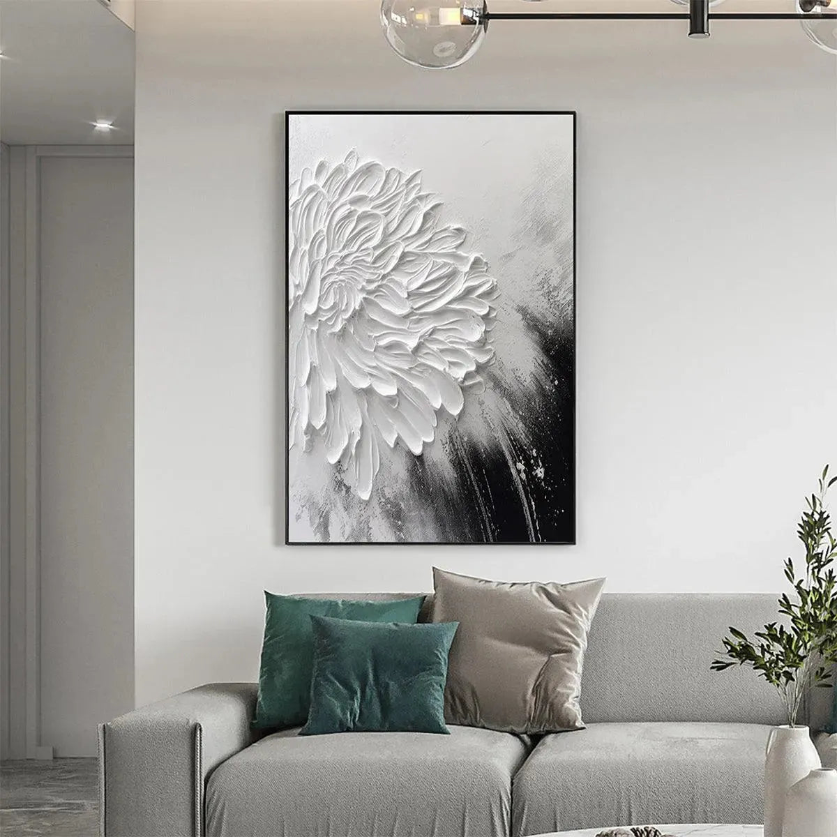 Large Black & White Floral Art | Impasto Canvas #ZZ 237
