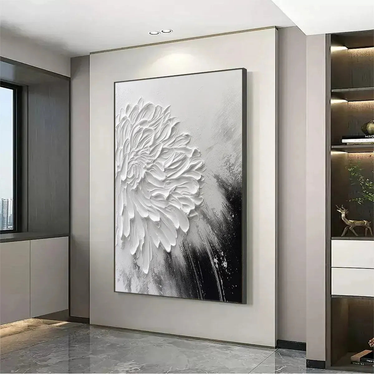 Large Black & White Floral Art | Impasto Canvas #ZZ 237