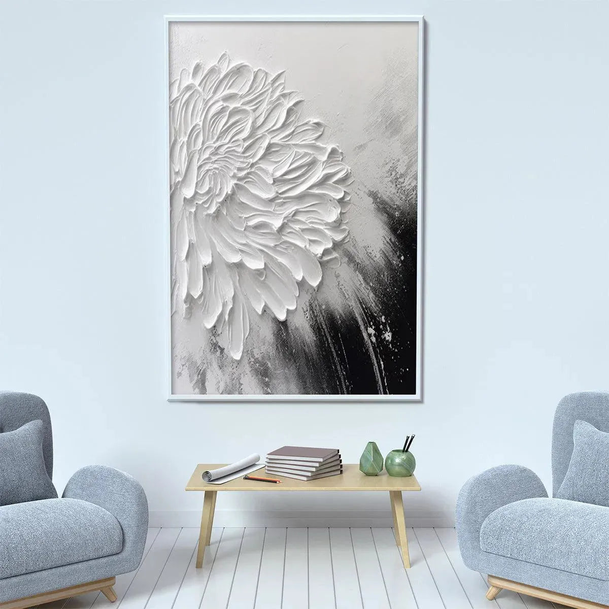 Large Black & White Floral Art | Impasto Canvas #ZZ 237