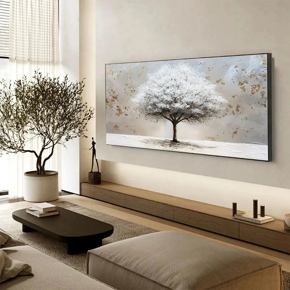 Large White Tree Canvas Wall Art with Gold Foil | Abstract Landscape #AA 382