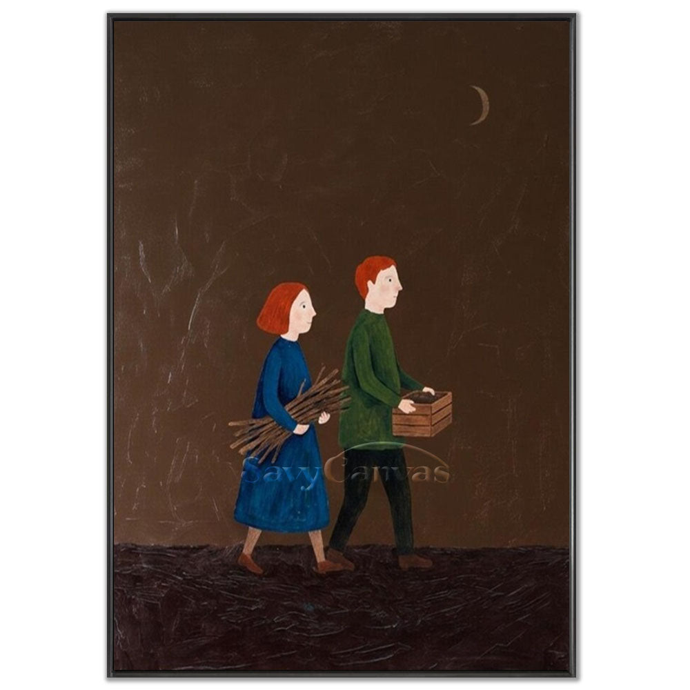 A 100% handmade Wabi Sabi style oil painting featuring a minimalist couple walking together at night under a crescent moon, with the woman carrying sticks and the man carrying a wooden crate, rendered in rich earthy tones and deep textures on canvas.