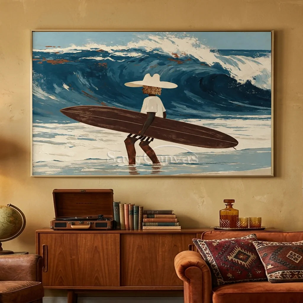 Handcrafted expressionist oil painting in a black frame featuring a stylized surfer carrying a dark surfboard through the water against a dramatic blue ocean wave, ideal for modern living room or coastal wall decor.